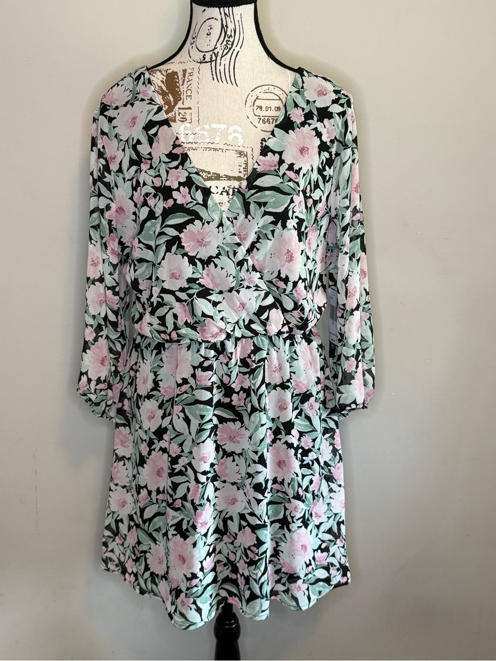 NWT - As U Wish Black Floral Mini Dress with Pink and Mint Green - Size XL